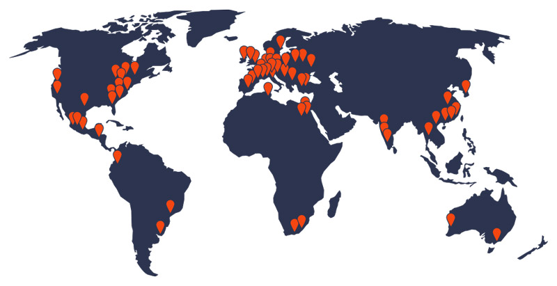 World map with many pins showing KURRE's national and international customers worldwide