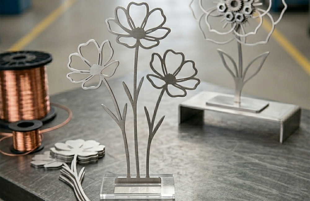 Metallblume auf einem Tisch in einer Produktionshalle
